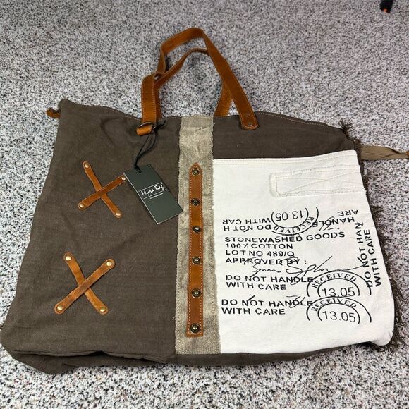 Myra Bag Women's Brown & Cream Weekender Tote with Leather Handles - Picture 1 of 13